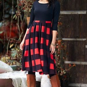 Red & Black buffalo check pleaded midi dress